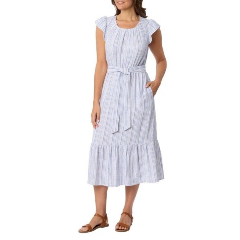 NWT Briggs Linen Blend Tiered Midi Dress Blue/White Woven Print - Size XL